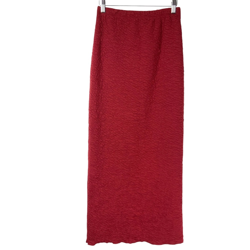Princess Polly Red Textured Maxi Skirt Size 4 Elastic Waist Back Slit Stretch